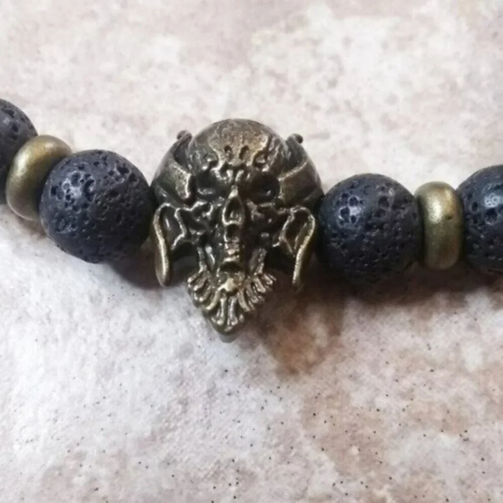 Alien Warrior Skull + Lava Rock Beads! Rugged Men's Bracelet! Biker Rocker Punk